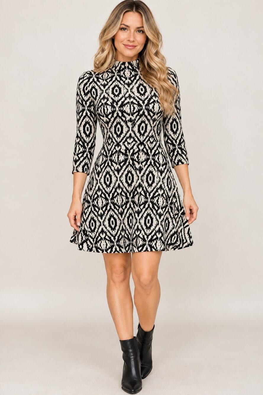 H&M Women’s Small Black Cream Geometric Jacquard Fit & Flare Sweater Dress